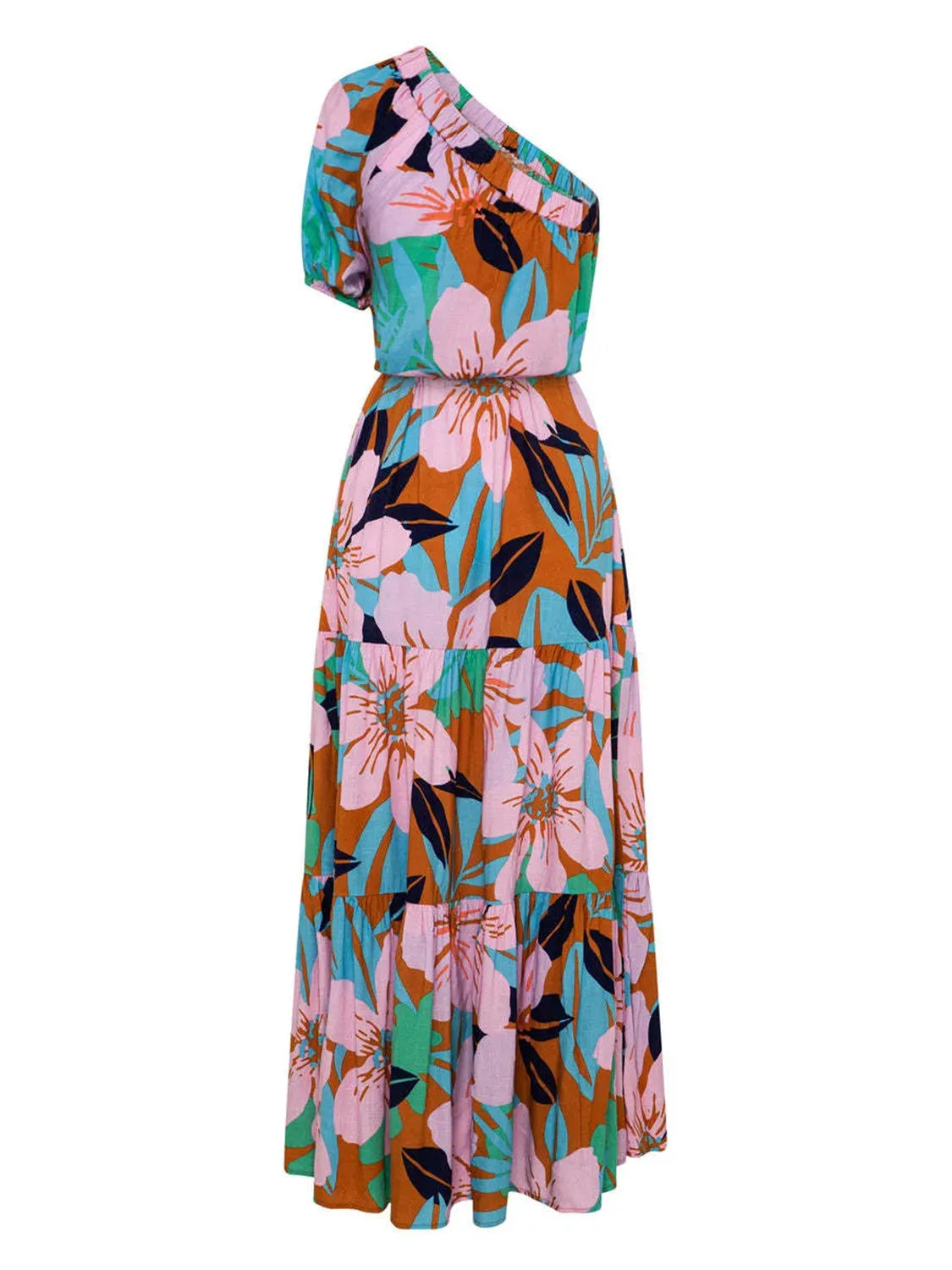 Printed One Shoulder Puff Sleeve Dress Casual Dresses - Tophatter Daily Deals